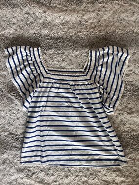 J. Crew Women’s Blue and White Striped Square Neck Flutter-Sleeve Top